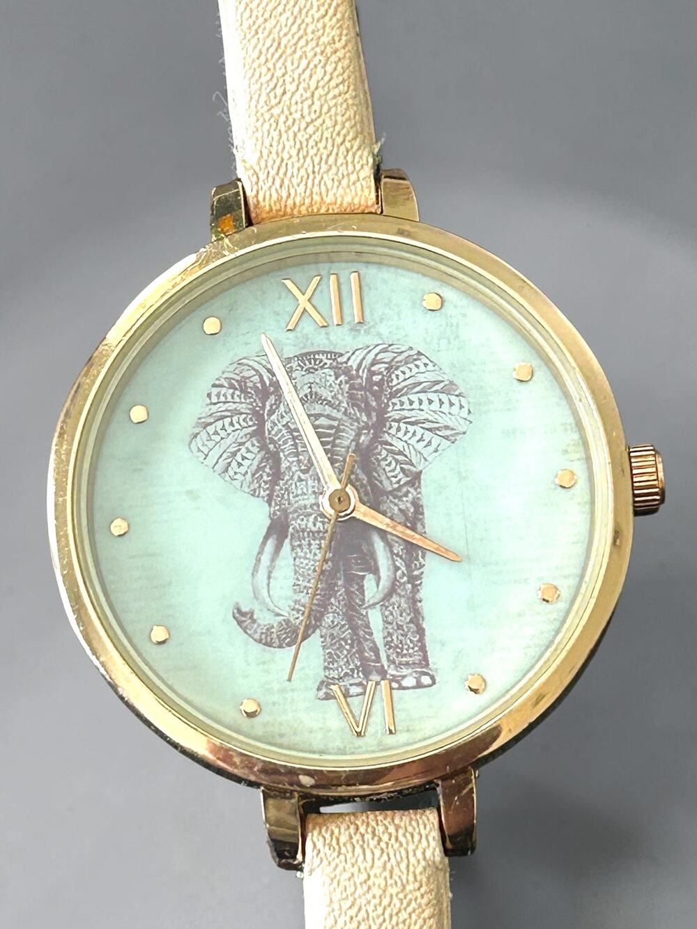 Cream Elephant Dial Watch Women Roman Numerals Gold Tone Boho Safari Working